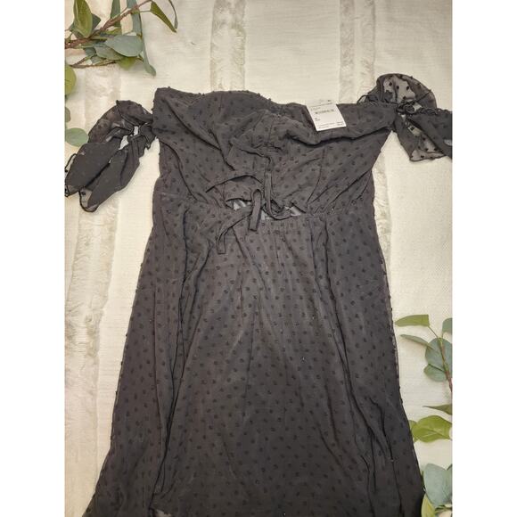 Area Stars off the Shoulder Ruffle Dot Print Dress in Black - Picture 1 of 8